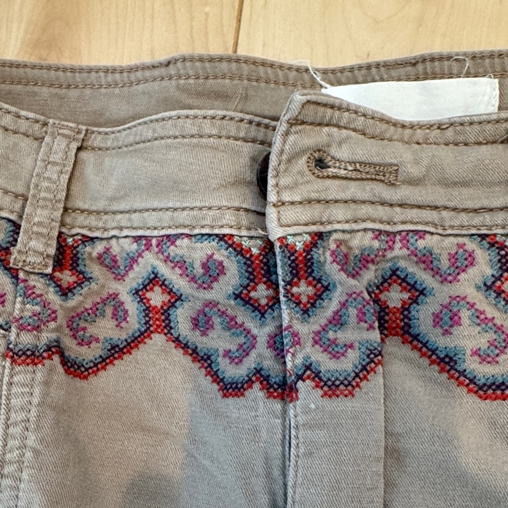 Anthropologie Taupe Cargo Pants with Camo & Purple Embroidery - Picture 3 of 5
